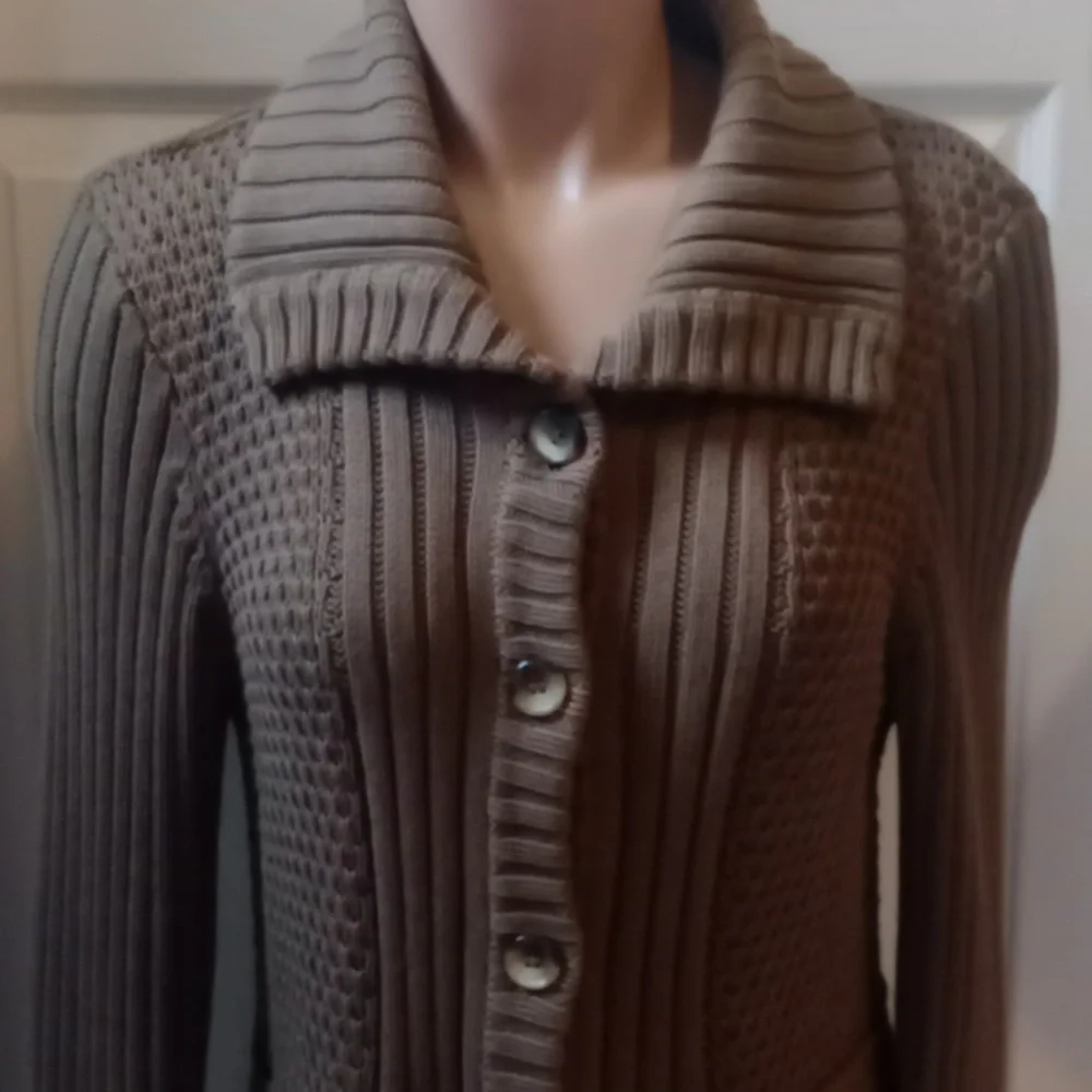 Calvin Klein Olive Green Button-Up Ribbed Cardigan | Size Medium